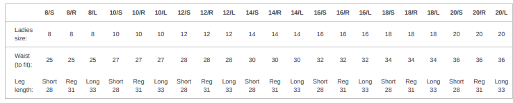 CR234 size chart - Freedom Embroidery Craghoppers Expert Ladies Kiwi Pro Stretch Trousers size chart